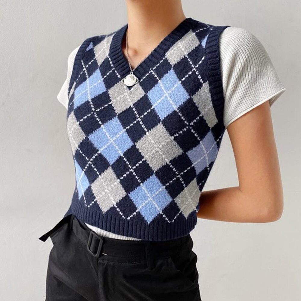 Argyle Knit Sweater Vest - Navy and Light Blue
